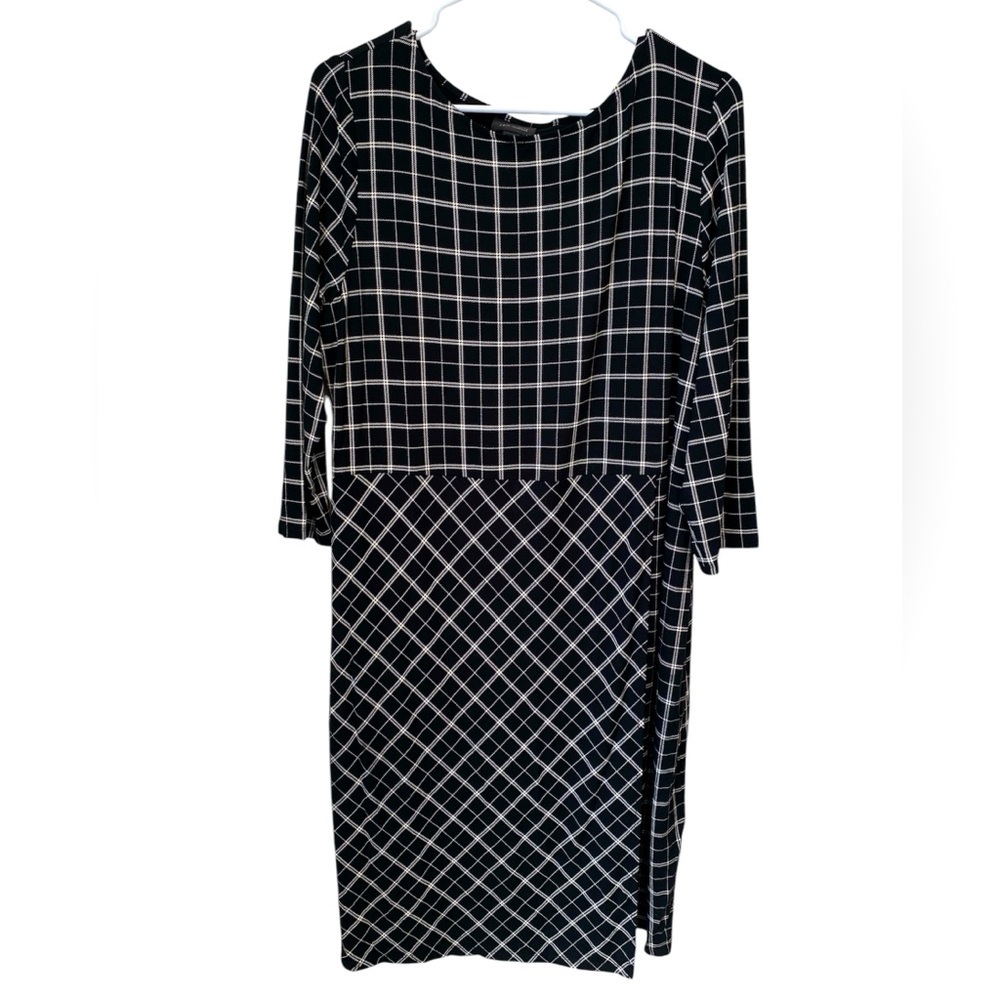 J Jill Wearever Collection Windowpane Sheath Black Dress Womens L Faux Wrap NWT